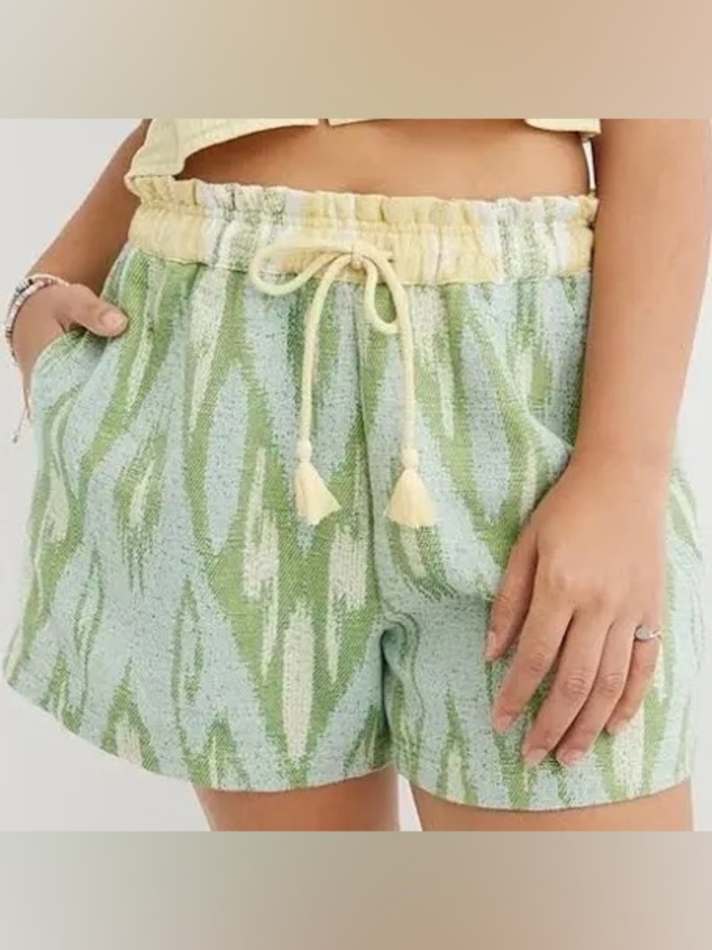 aerie Green Patterned Terry Pajama Shorts with Cream Drawstring